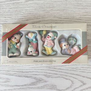 🎪 NIP Vintage 1980s Plastic Clown Figurine Ornaments — Set of 4